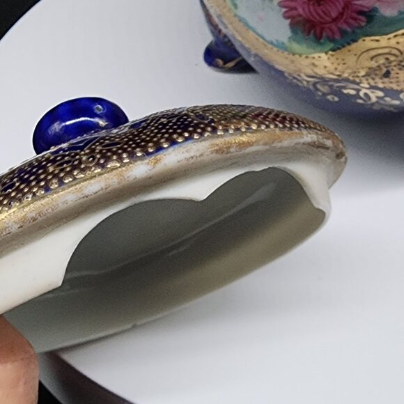 Antique Porcelain Biscuit Jar Hand-Painted Cobalt Blue & Gold Porcelain Lidded - Picture 8 of 13